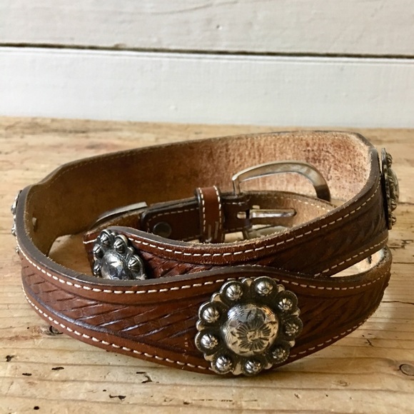Tony Lama Accessories - Vintage Tony Lama Silver + Brown Leather Belt